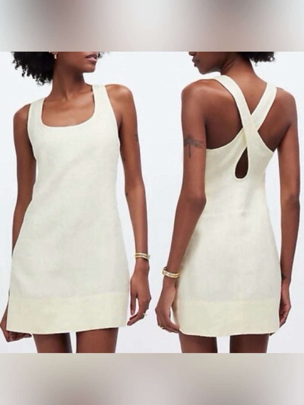 Madewell EUC Butter Yellow Cross-Back Linen Mini Shift Dress Sz 16 Lagenlook